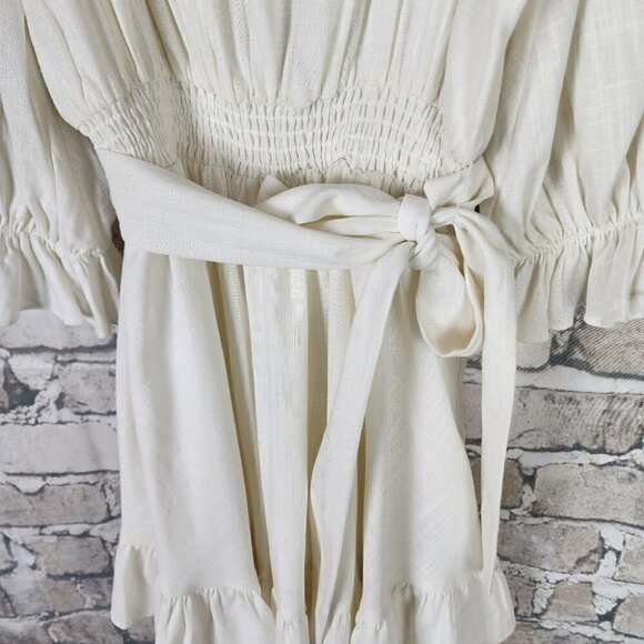 Ever New Puff Sleeve Ruffle Mini Dress Smocked Neckline Porcelain Ivory Size 6 - Picture 9 of 15